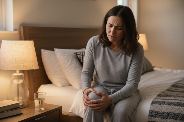 Person sitting on a bed holding their painful knee — Inflammation blood test measuring C-Reactive Protein, ESR, Full Blood Count and Ferritin