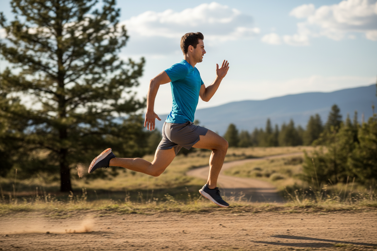 Man sprinting on an outdoor trail — Advanced GP2 comprehensive blood test for heart, nutritional, hormonal and metabolic health