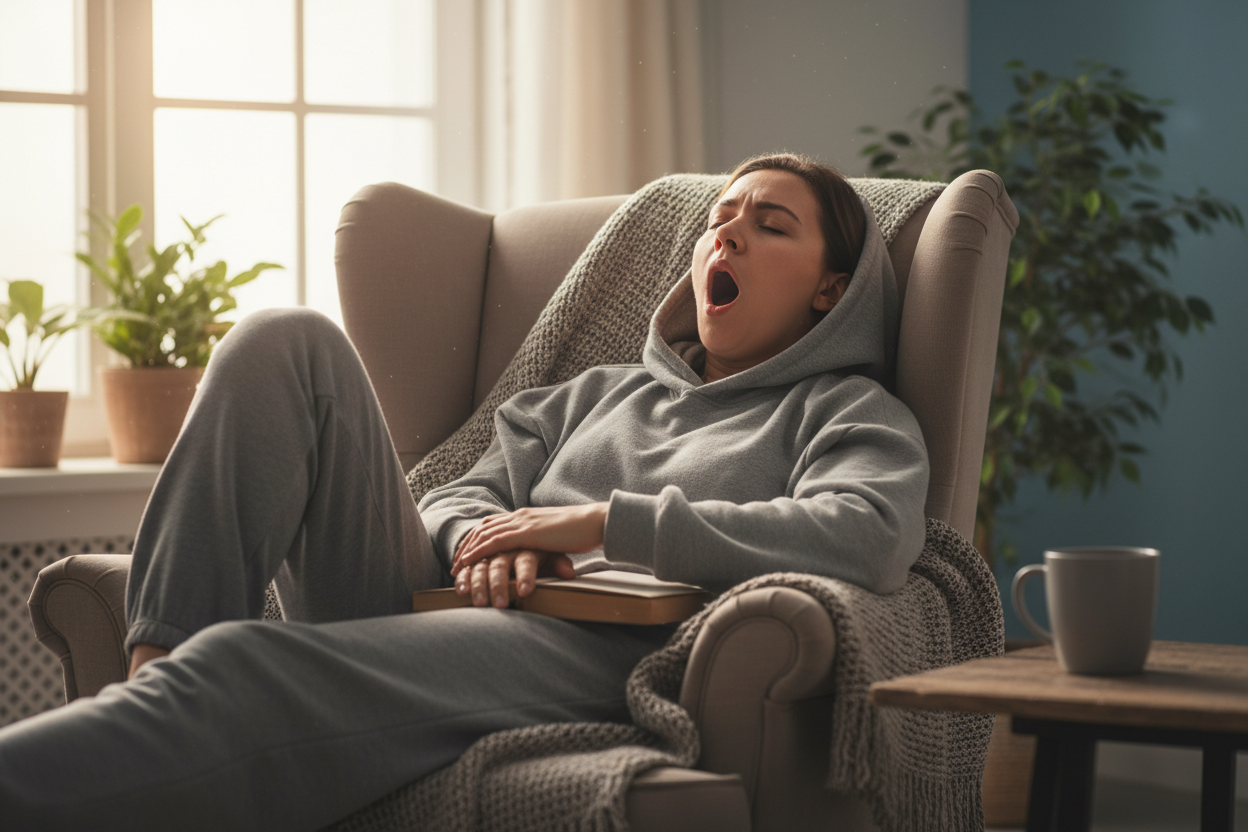 Exhausted woman yawning and falling asleep in an armchair — Tired All The Time blood test to investigate causes of chronic fatigue and low energy