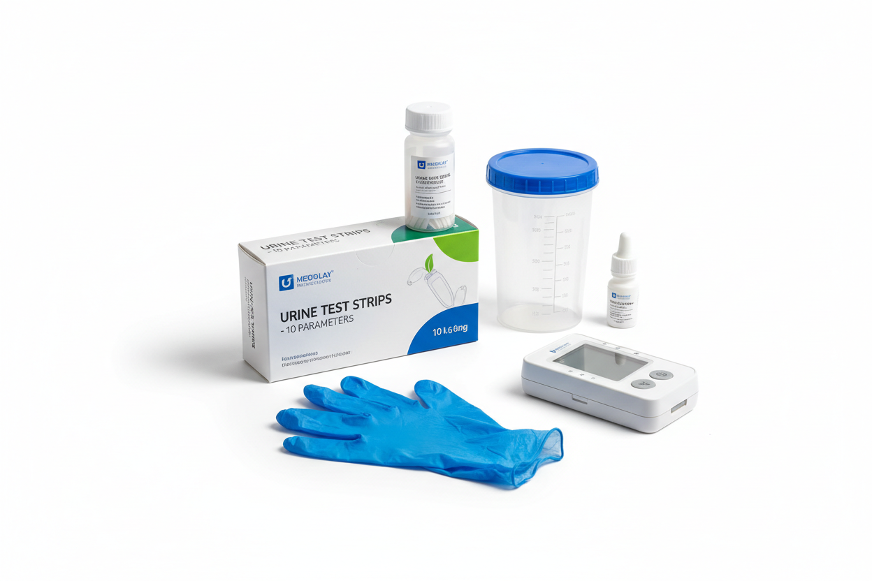 At-home urinalysis test kit with urine test strips, sample collection cup and gloves — Urinalysis urine health test