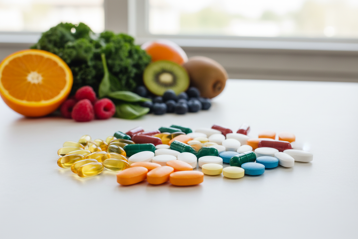 Assortment of colourful vitamin supplements alongside fresh fruits and vegetables — Vitamins and Minerals blood test
