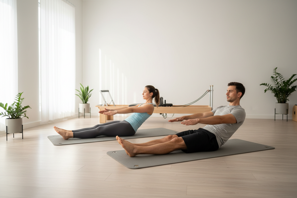 Man and woman practising Pilates stretches together — Muscle and Joint Health blood test